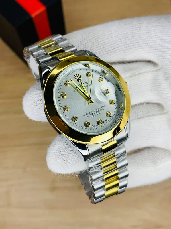 Rolex Stone Date Watch - Two Tone White